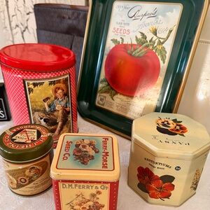Vintage Storage Tins and Tray - 5 pieces GUC Coca Cola, Seeds Co, Burpees, Heinz